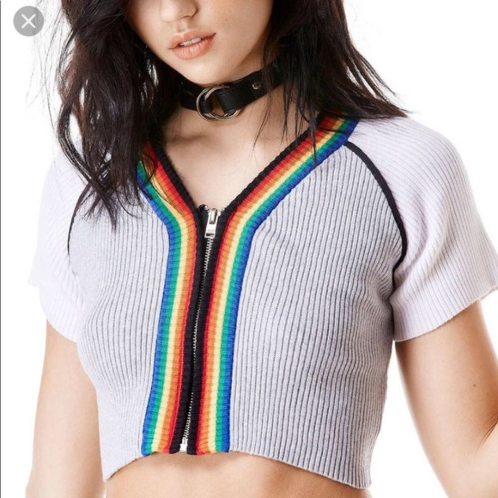 UNIF Frolic top in gray and rainbow stripe